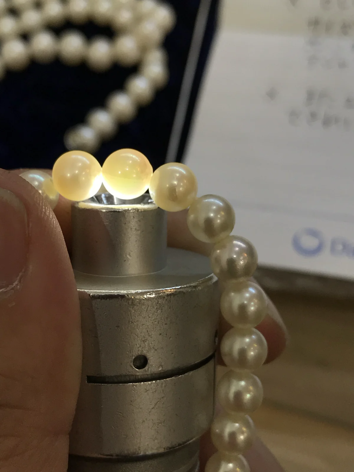 器具の光を当て、真珠の状態を確認している様子